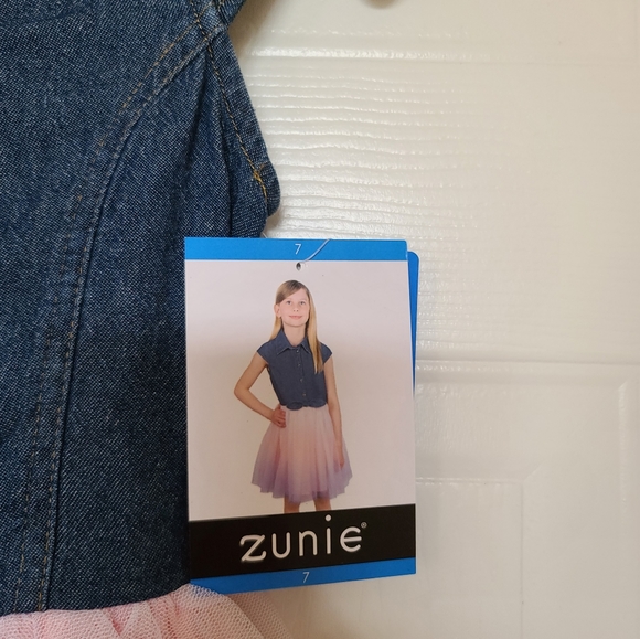 Zunie Denim Shirt Tulle Ombre Dress, 7, Blue, Pink and Purple - Picture 4 of 6